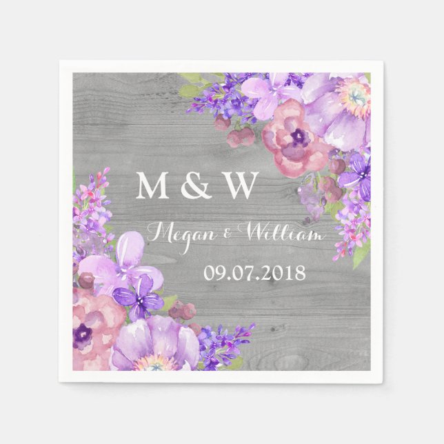 Rustic Wood Purple Flowers Wedding Monogram Paper Napkins (Front)