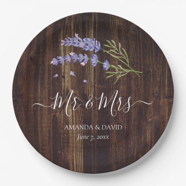 Rustic Wood Purple Lavender Mr and Mrs Wedding Paper Plates (Front)