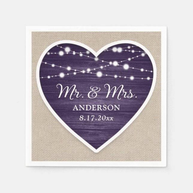 Rustic Wood Purple Mr and Mrs Wedding Napkins (Front)