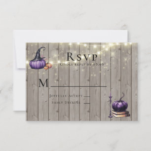 Rustic Wood Purple Pumpkin Candle Wedding RSVP Card
