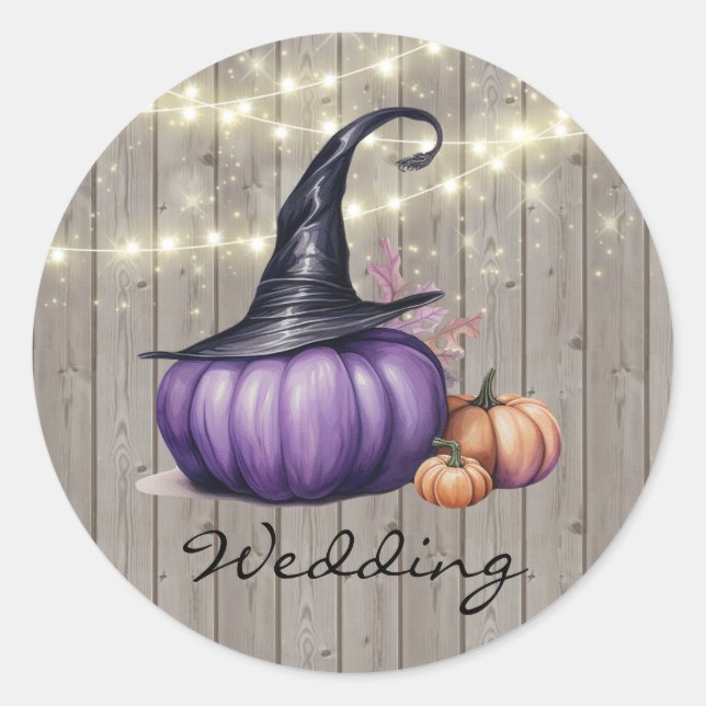 Rustic Wood Purple Pumpkin Wedding Classic Round Sticker (Front)