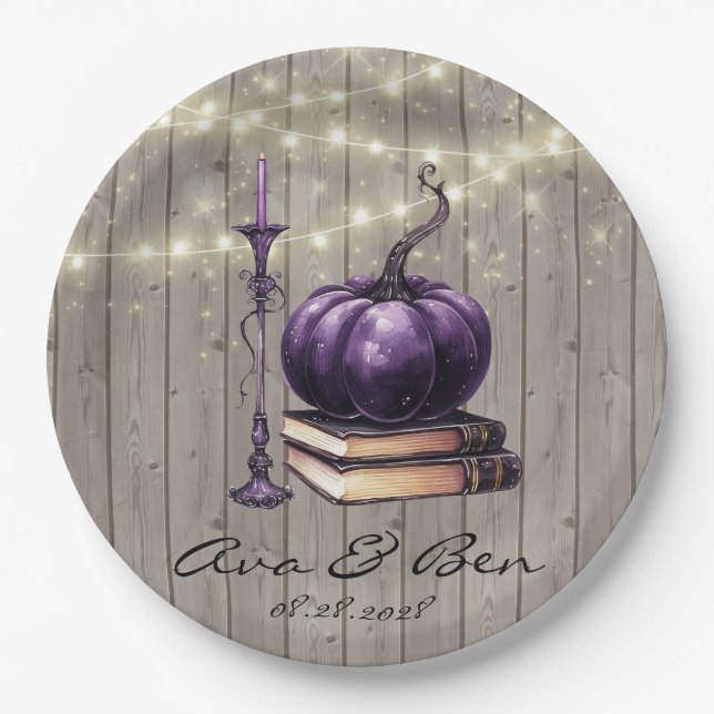 Rustic Wood Purple Pumpkin Wedding Paper Plates (Front)