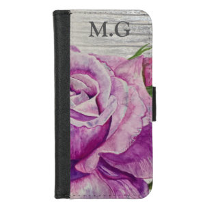 Rustic Wood Purple Rose Monogram iPhone 8/7 Wallet Case