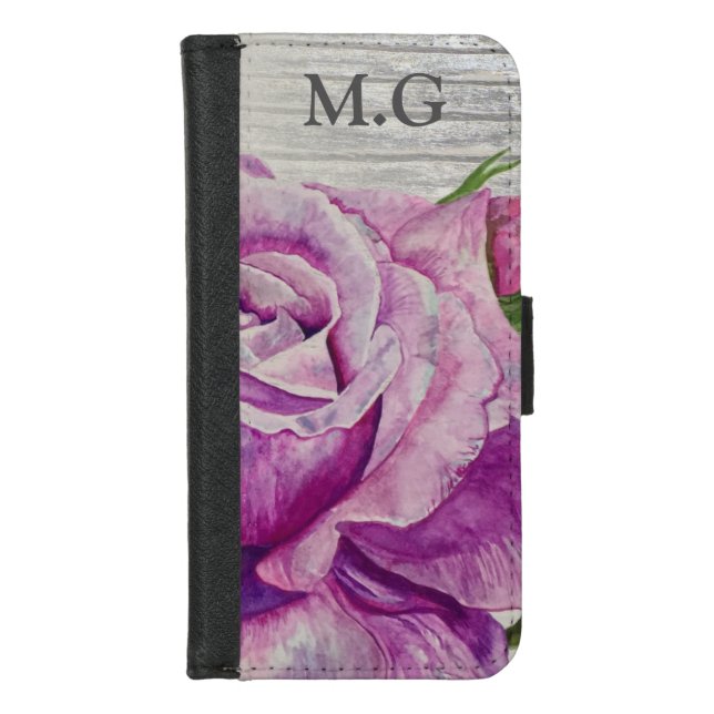 Rustic Wood Purple Rose Monogram iPhone Wallet Case (Front)