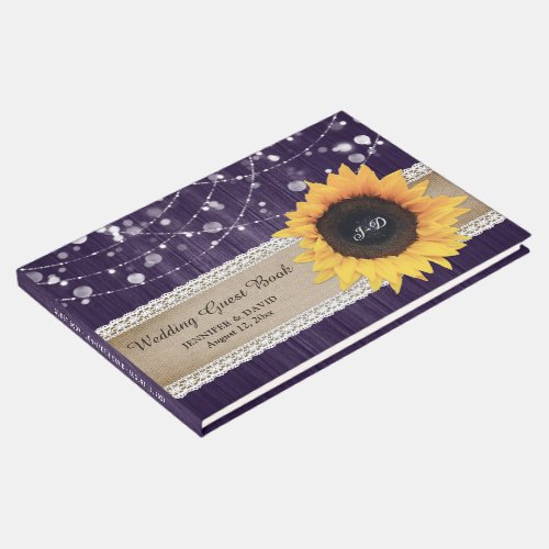 Rustic Wood Purple Sunflower Wedding Guest Book