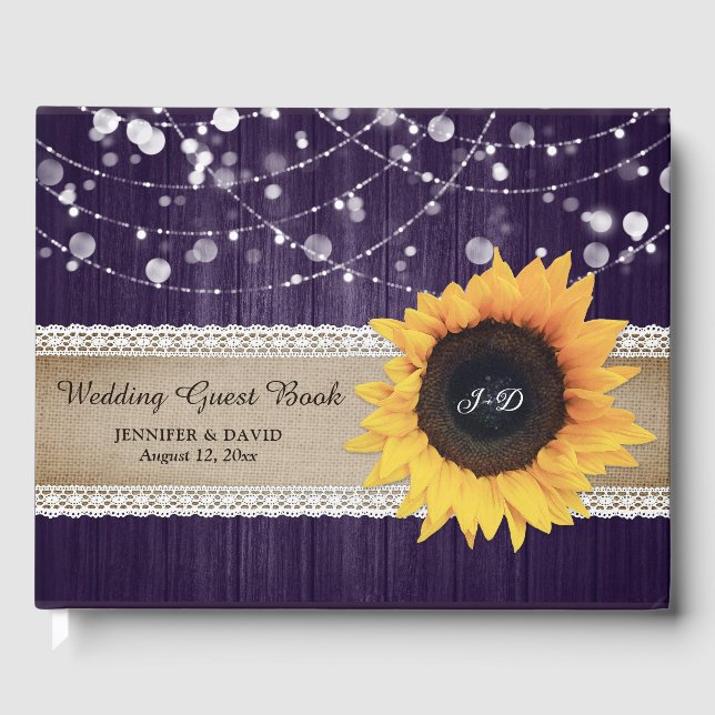 Rustic Wood Purple Sunflower Wedding Guest Book (Front)