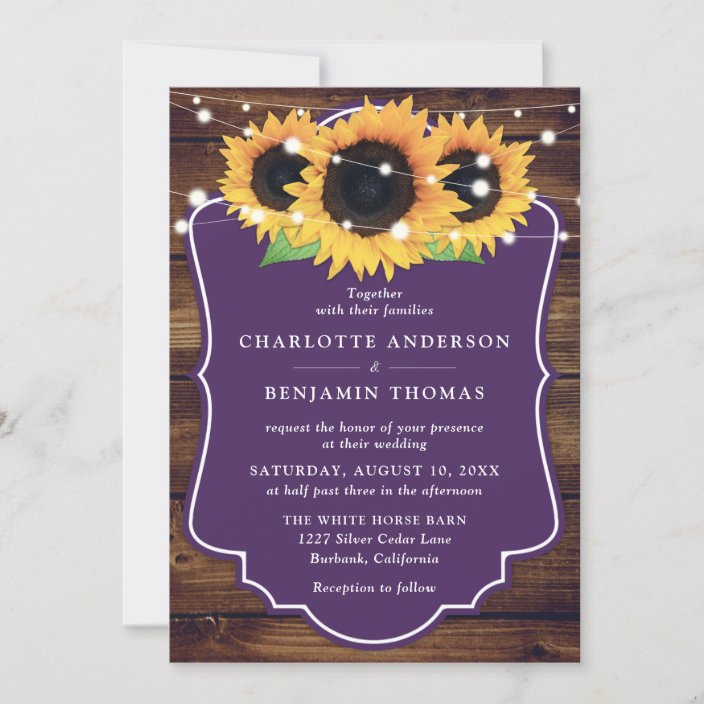 Rustic Wood Purple Sunflower Wedding Invitation