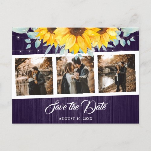 Rustic Wood Purple Sunflower Wedding Photo Collage Announcement Postcard