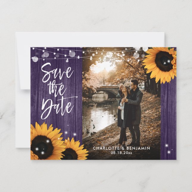 Rustic Wood Purple Sunflower Wedding Photo Save The Date (Front)