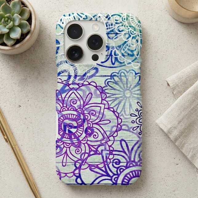 Rustic Wood Purple Teal Whimsical Doodle Mandala Case-Mate iPhone Case (Creator Uploaded)