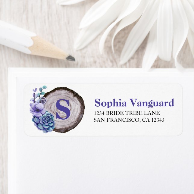 Rustic Wood Purple Watercolor Floral Wedding Label (Insitu)