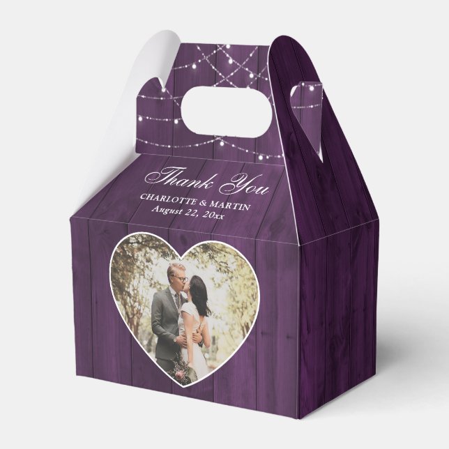 Rustic Wood Purple Wedding Photo Favor Boxes (Front Side)