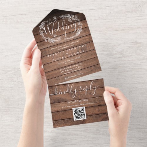 Rustic Wood QR Code Monogram Floral Wedding All In One Invitation