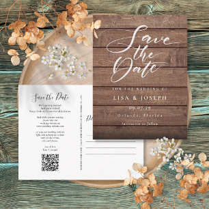Rustic Wood QR Code Script Save the Date Postcard