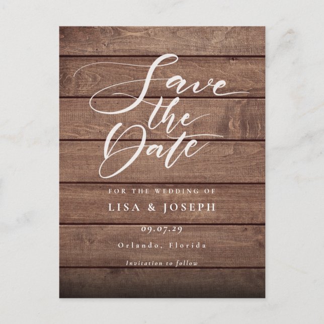 Rustic Wood QR Code Script Save the Date Postcard (Front)