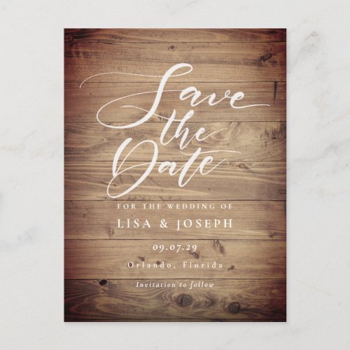 Rustic Wood QR Code Script Wedding Save the Date Postcard