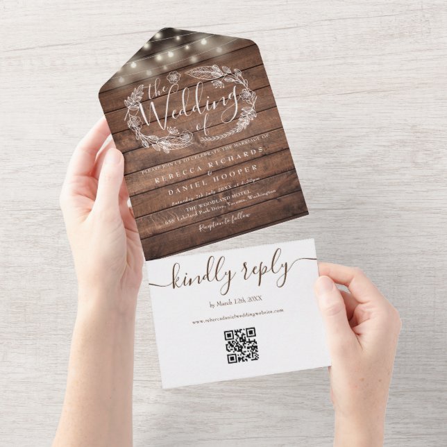 Rustic Wood QR Code String Lights Floral Wedding All In One Invitation (Tearaway)