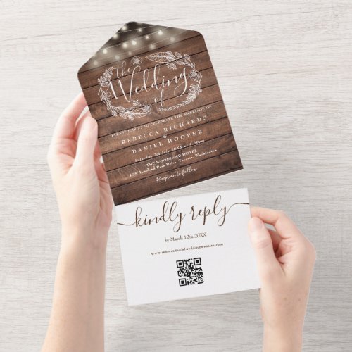 Rustic Wood QR Code String Lights Floral Wedding All In One Invitation