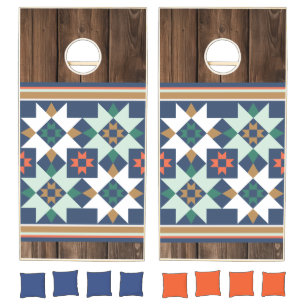 Rustic Wood Quilt Block Pattern Cornhole Set