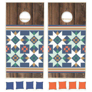 Rustic Wood Quilt Block Pattern Cornhole Set