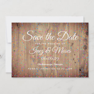 Rustic Wood Rainbow Confetti Save the Date Invitation