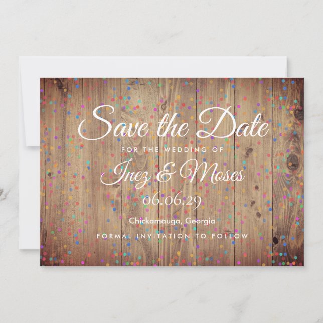 Rustic Wood Rainbow Confetti Save the Date Invitation (Front)