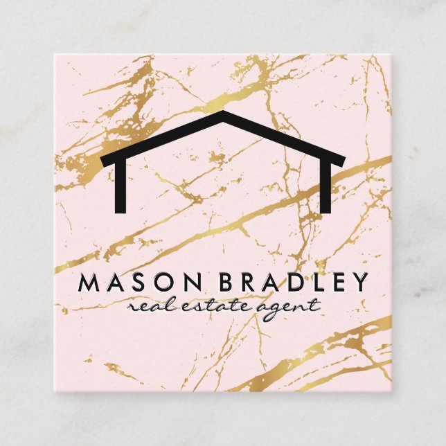 Rustic Wood / Real Estate | Pink Gold Marble Square Business Card (Front)