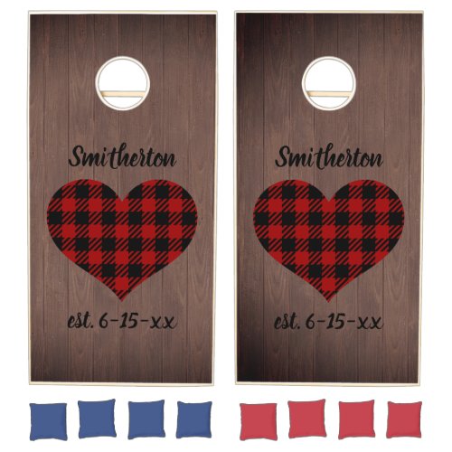 Rustic Wood Red Black Buffalo Plaid Heart Family Cornhole Set