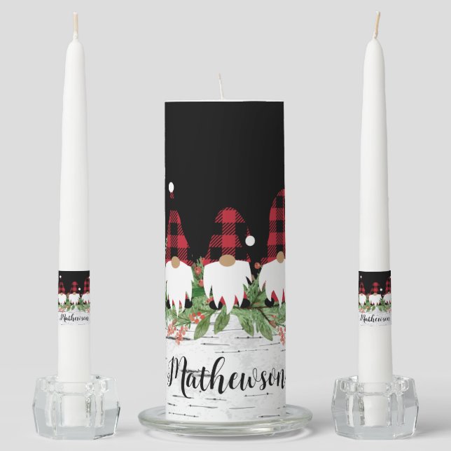 Rustic Wood Red Black Buffalo Plaid Winter Gnome Unity Candle Set (Front)