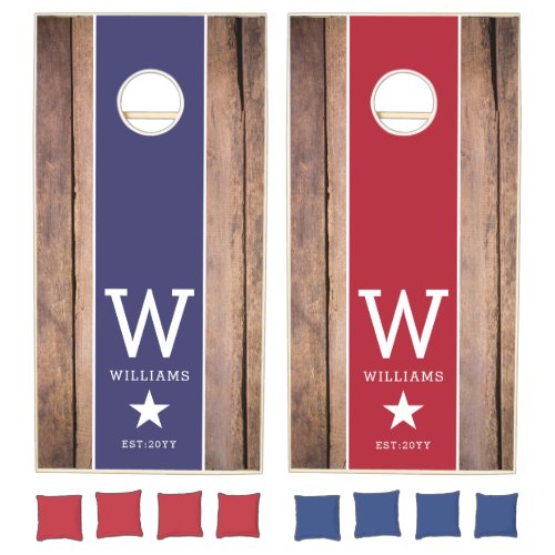   Rustic Wood Red Blue Stripe Family Monogrammed Cornhole Set