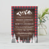 Rustic Wood Red Buffalo Plaid Mountain Wedding Invitation (Standing Front)
