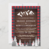 Rustic Wood Red Buffalo Plaid Mountain Wedding Invitation (Front)