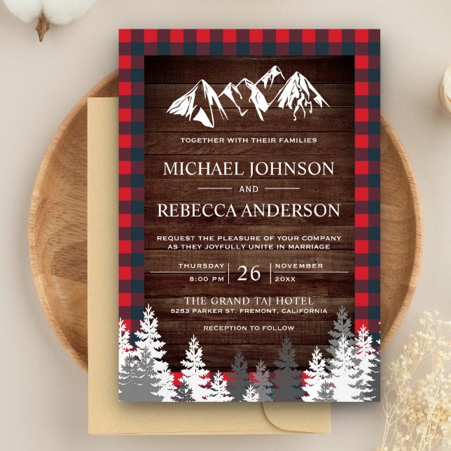 Rustic Wood Red Buffalo Plaid Mountain Wedding Invitation