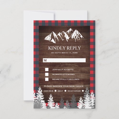 Rustic Wood Red Buffalo Plaid Mountain Wedding RSVP Card