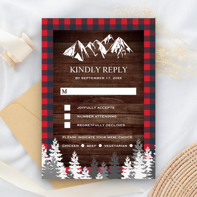 Rustic Wood Red Buffalo Plaid Mountain Wedding RSVP Card (Creator Uploaded)
