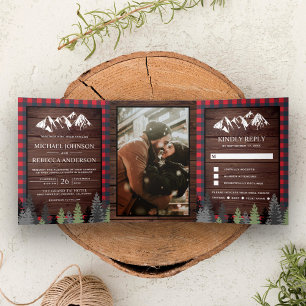 Rustic Wood Red Buffalo Plaid Mountain Wedding Tri-Fold Invitation