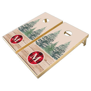 Rustic Wood Red Buffalo Plaid Trees Monogram Cornhole Set