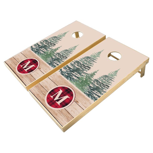 Rustic Wood Red Buffalo Plaid Trees Monogram Cornhole Set (Angled)