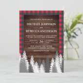 Rustic Wood Red Buffalo Plaid White Pine Wedding Invitation (Standing Front)
