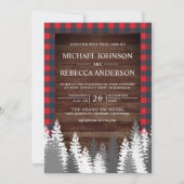 Rustic Wood Red Buffalo Plaid White Pine Wedding Invitation (Front)