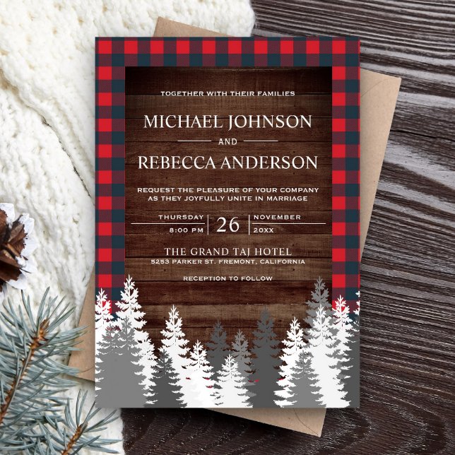 Rustic Wood Red Buffalo Plaid White Pine Wedding Invitation