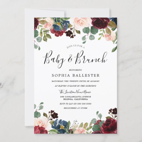 Rustic Wood Red Burgundy Floral Baby Shower Brunch Invitation