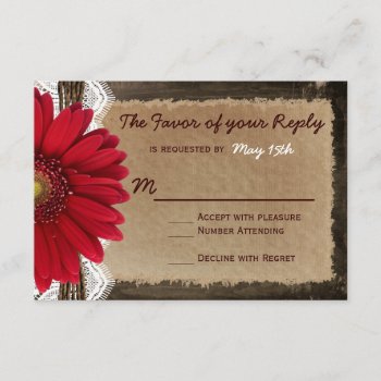 Rustic Wood Red Daisy Country Wedding Rsvp Cards by RusticCountryWedding at Zazzle