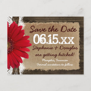 Rustic Wood Red Daisy Save the Date Postcards