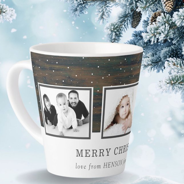 Rustic Wood Red Family 3 Photo Collage Holiday Latte Mug (Creator Uploaded)