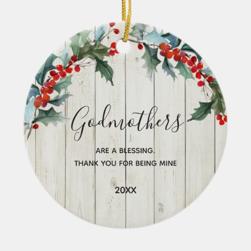 Rustic wood Red Floral Godmothers Christmas Ceramic Ornament