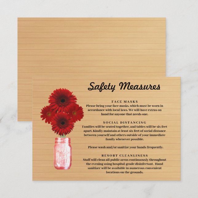 Rustic Wood Red Floral Mason Jar Safety Measures Enclosure Card (Front/Back)