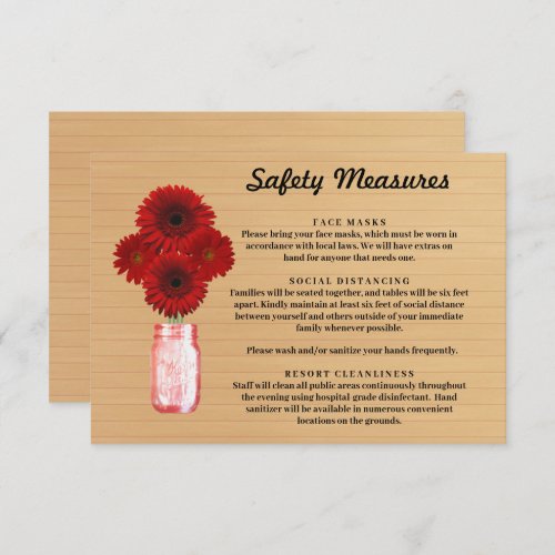 Rustic Wood Red Floral Mason Jar Safety Measures Enclosure Card