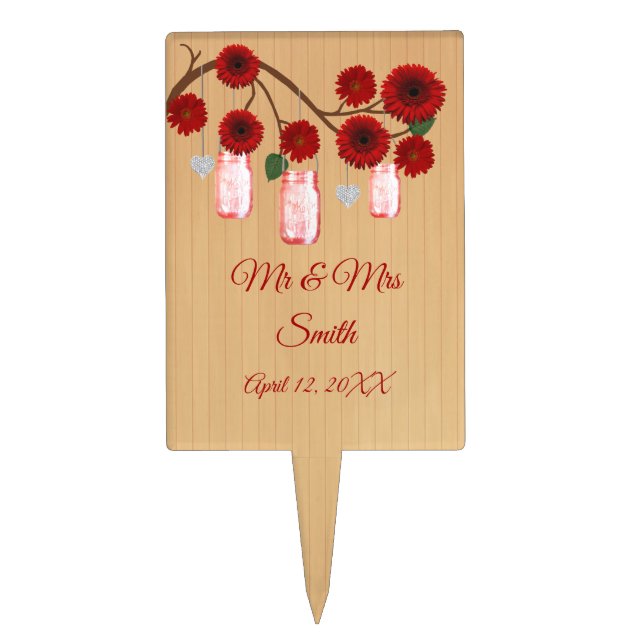 Rustic Wood Red Floral Mason Jar Wedding Cake Topper (Front)