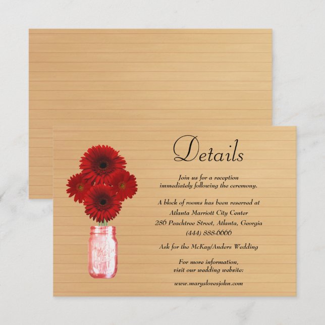 Rustic Wood Red Floral Mason Jar Wedding Details Enclosure Card (Front/Back)